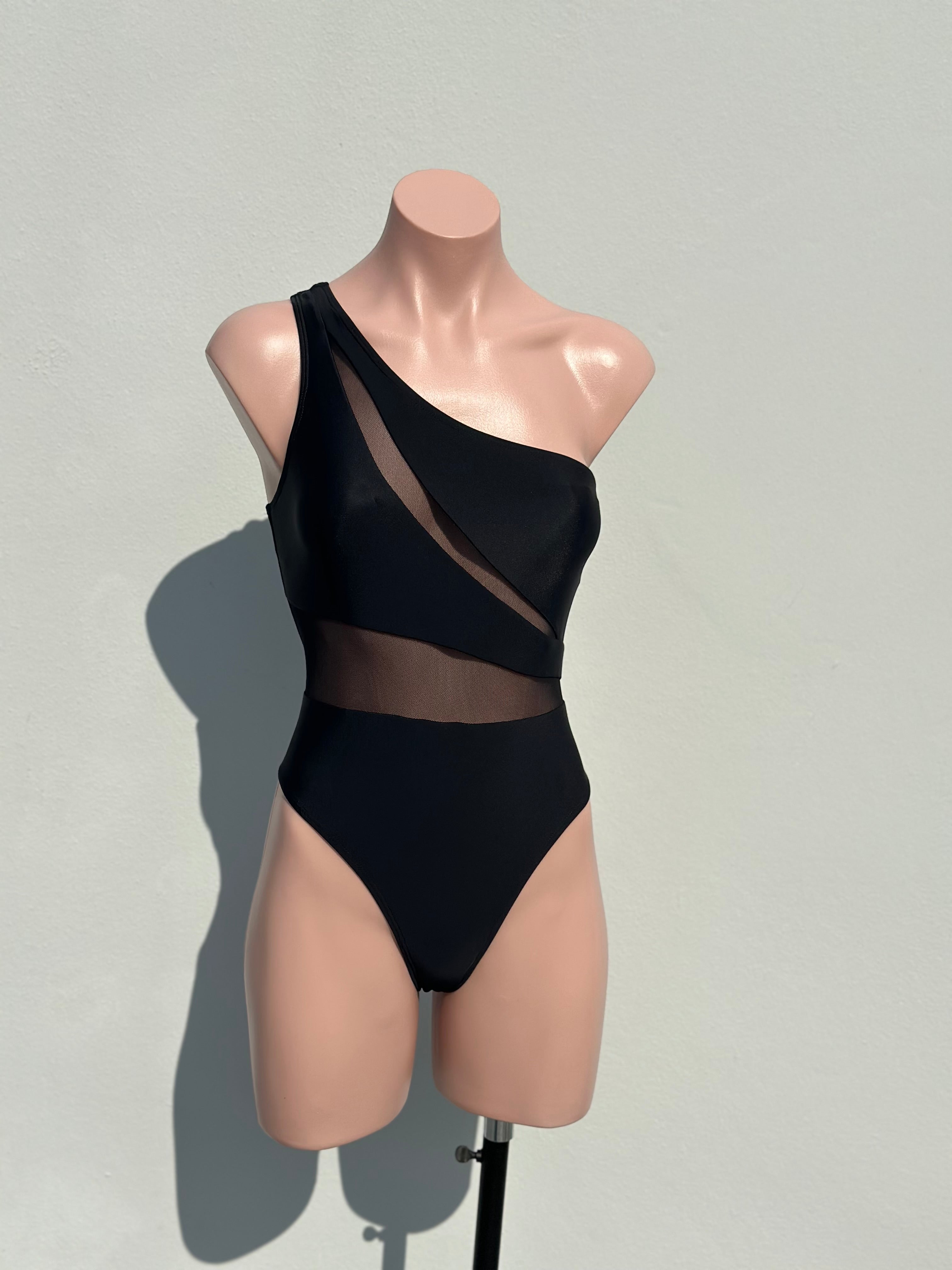 One shoulder black mesh