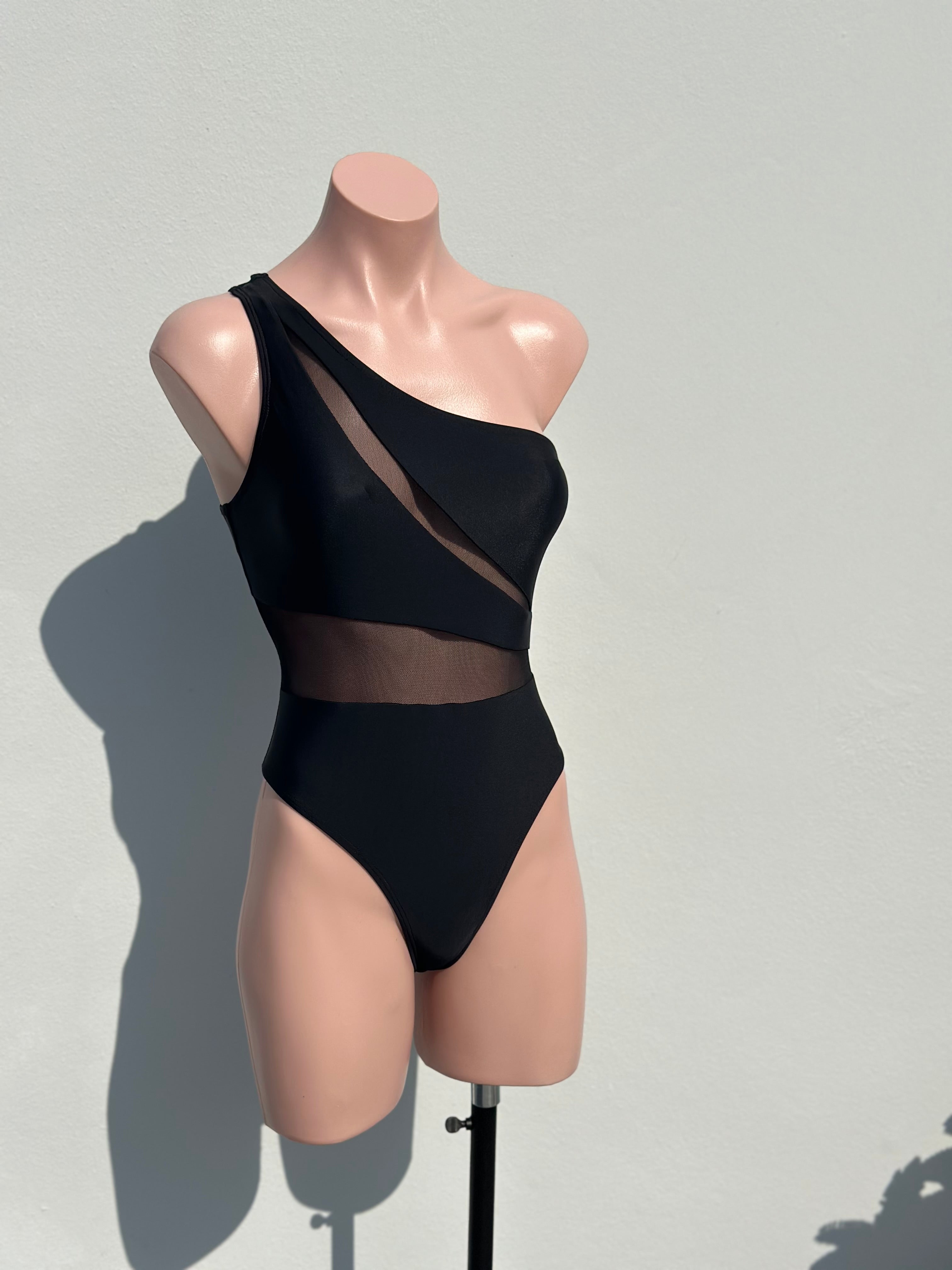 One shoulder black mesh