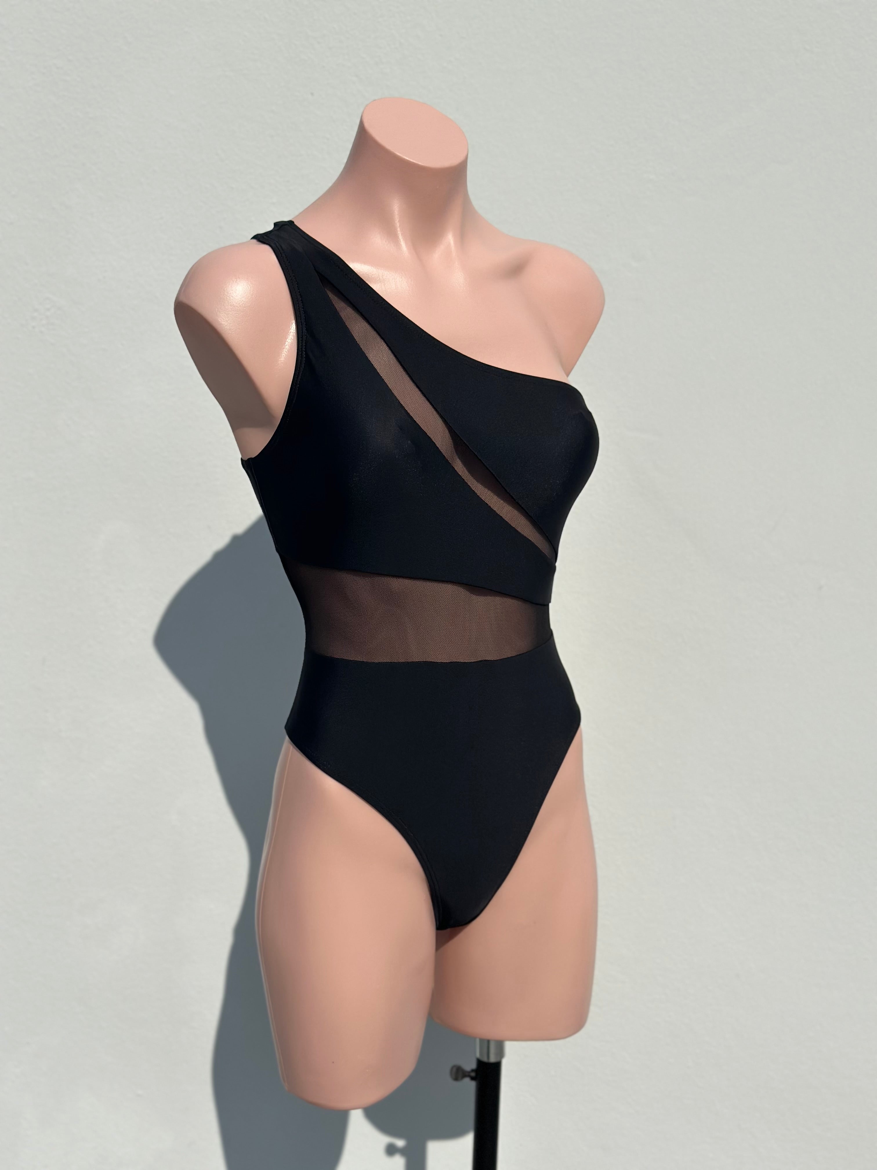 One shoulder black mesh