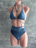 AMAZONAS denim high waisted BIKINI SET TRIÁNGULO