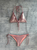 Bikini ruffles de amarre rosa shinny