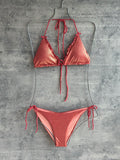 Bikini ruffles de amarre coral shinny