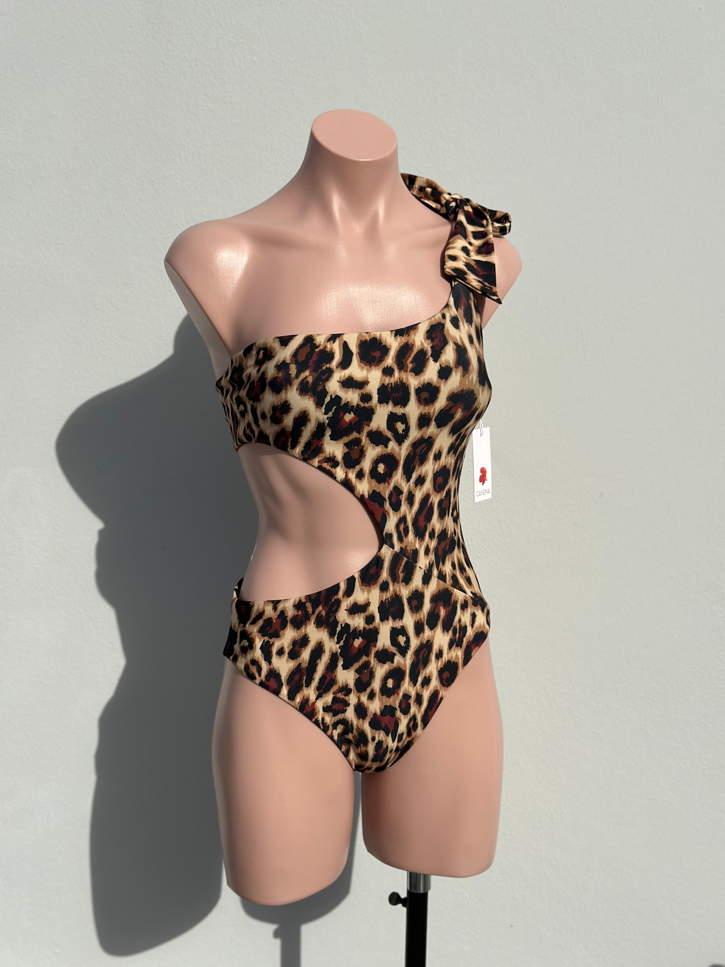Leopard one shoulder bow cut out one piece