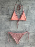 Bikini ruffles de amarre rosa shinny