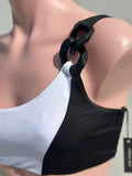 Asimetrico One shoulder Black and white chain Set
