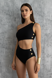 Gold buttons cut out black one piece
