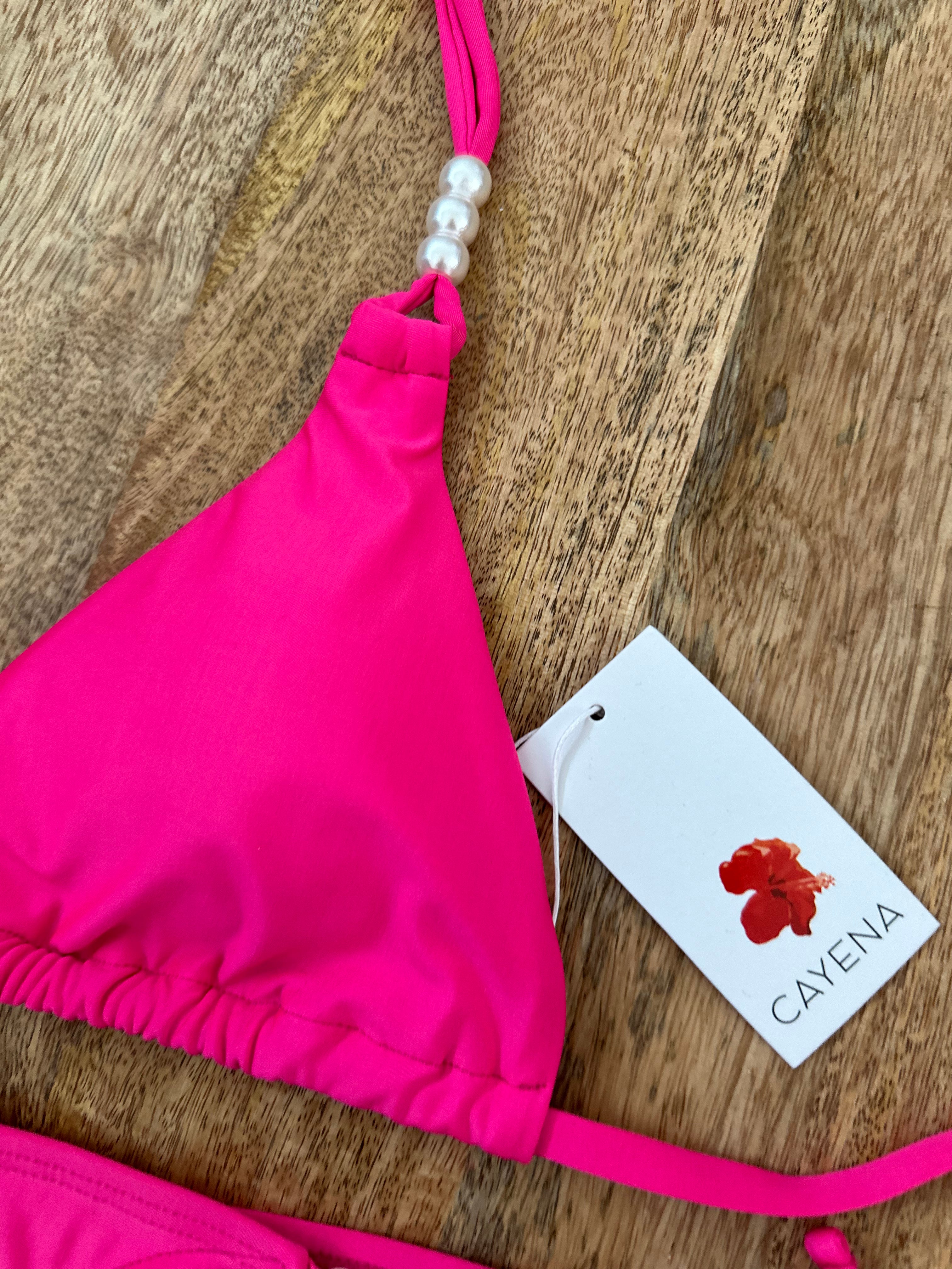 Bikini de amarre ROSA MEXICANO con perlas